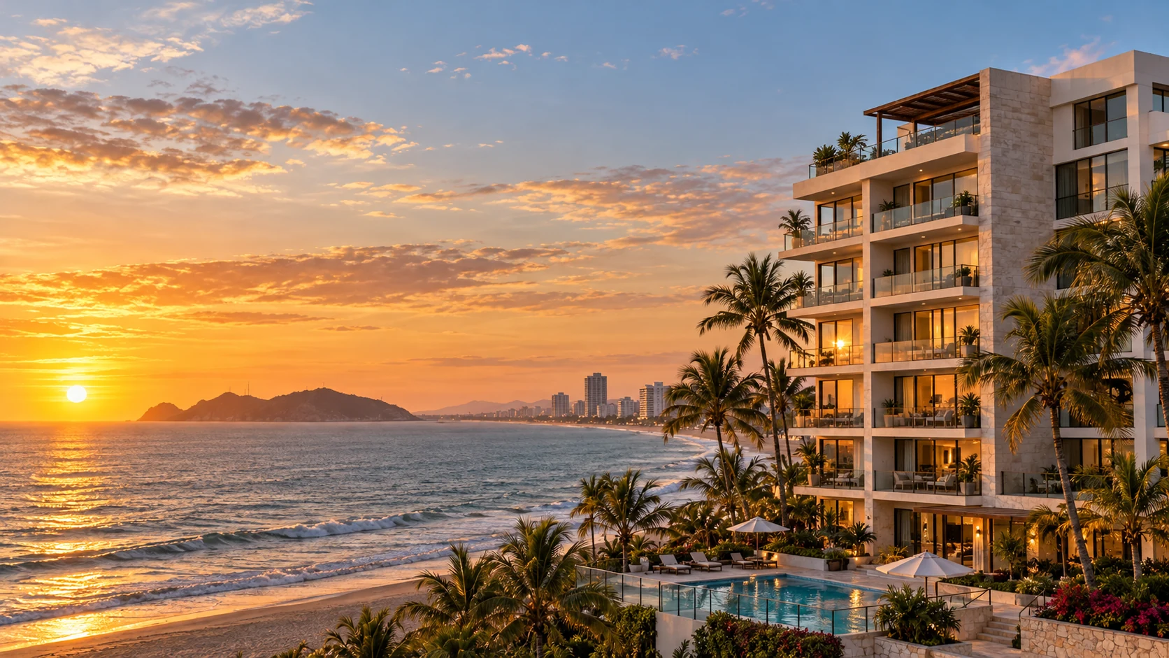 Photoreal beachfront condominium building at sunset in Mazatlán with ocean, beach, palm trees and pool